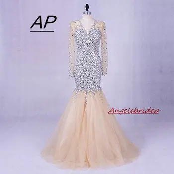ANGELSBRIDEP Роскошные свадебные платья с глубоким V-образным вырезом и кристаллами с длинными рукавами, свадебное платье для женщин, сексуальная официальная невеста-Русалка на заказ