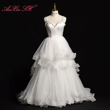 AnXin SH принцесса из белого атласа и кружев на тонких бретельках, расшитых бисером, жемчугом, оборками, бальное платье на шнуровке, вечернее платье в стиле невесты Мори
