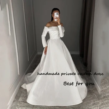 Белые атласные свадебные платья трапециевидной формы с рукавом 3/4, простое гражданское платье невесты со шлейфом, длинные пляжные свадебные платья на шнуровке сзади