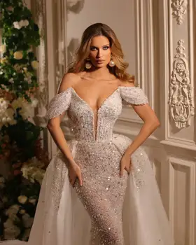 Гламурное свадебное платье Русалки с V-образным вырезом и открытыми плечами, расшитое блестками и бисером из тюля, платье для часовни, сшитое на заказ Vestidos De Novia