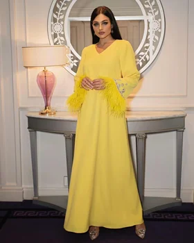 Пышные винтажные вечерние платья с V-образным вырезом и длинными рукавами, желтые вечерние платья с перьями, Саудовская Аравия, Элегантное вечернее платье Robe De Mariée для женщин