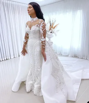 Роскошные свадебные платья-русалки со съемным шлейфом, расшитые бисером, 2023, аппликация с жемчужными рукавами, свадебные платья на заказ, Vestidos De Noiva