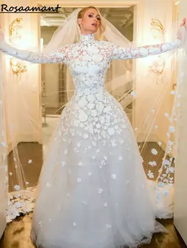 Элегантные свадебные платья с высоким воротом и длинными рукавами трапециевидной формы, кружевные свадебные платья в стиле Кантри с цветочными аппликациями