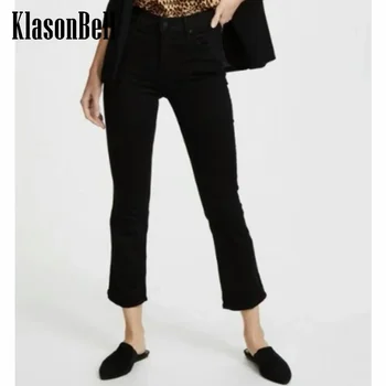 12.28 KlasonBell Новые Модные брюки с высокой талией до щиколоток, Черные утепленные джинсы-клеш, женские
