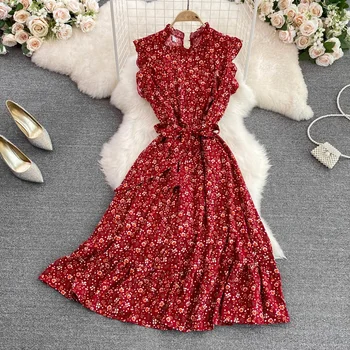 2023 Франция девочек лето Boho цветочные морском платье женщины мода талия тонкий галстук-без рукавов-line цветочный красное платье плиссе