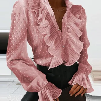 2024 Весна-лето, новая однотонная женская плиссированная рубашка с V-образным вырезом и длинным рукавом, топ с оборками
