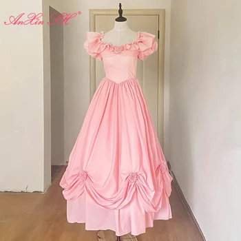 AnXin SH винтажное платье принцессы розового цвета с цветочными оборками и вырезом лодочкой, коротким пышным рукавом, вечерние, на шнуровке, с синим бантом, Старинное свадебное платье