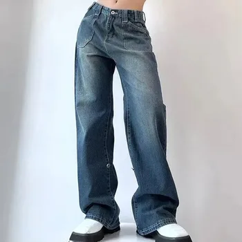 Y2k Однотонные Повседневные Базовые Свободные уличные джинсы с высокой талией Шикарные винтажные джинсовые брюки карго в корейском стиле панк Harajuku Широкие джинсы