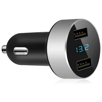 Автомобильное Зарядное Устройство с двумя USB, Автомобильный Адаптер с Выходом 4.8A, Измеритель напряжения Прикуривателя для iPhone, iPad, Samsung, LG и Т.д., Серебристый