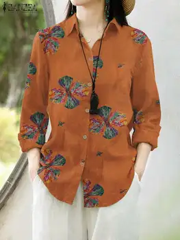 Богемная рубашка с длинным рукавом, женская винтажная блузка ZANZEA с принтом, Осенние Элегантные рабочие топы, Женские свободные блузки на пуговицах, блузки