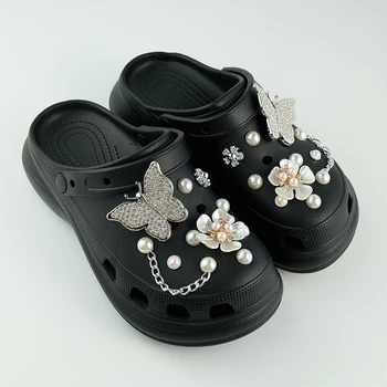 Брелоки для обуви Crocs, сделай сам, бабочка, цепочка с бриллиантами и жемчугом, пряжка для обуви Croc, аксессуары для шармов, подарок для детей и девочек