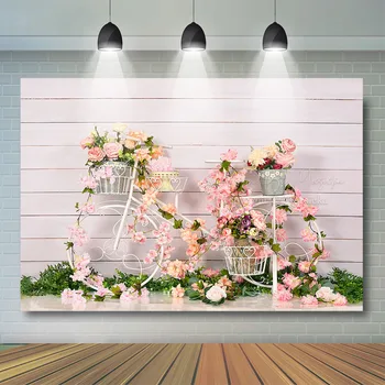 Весенний Бум, Цветочный Велосипедный фон, Фон для фотосъемки с изображением девочки и детского торта, Розовая Цветочная трава, Деревянная стена, Детская фотостудия