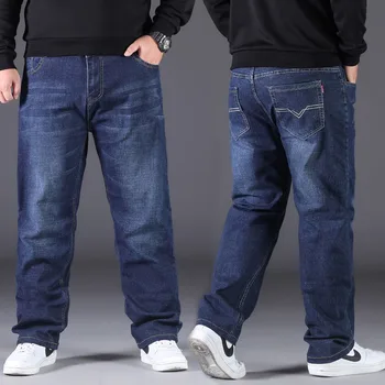 Весна Лето 2023, новые мужские джинсовые брюки большого размера, увеличивающие жир, с высокой талией, из эластичного денима, большие свободные Модные повседневные брюки