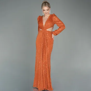 Вечерние платья с блестками для женщин, длинное платье русалки с V-образным вырезом, оранжевые рукава, сексуальное вечернее платье для вечеринок
