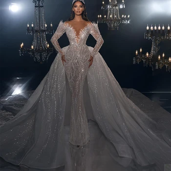 Винтажное свадебное платье-русалка с кристаллами, с открытыми плечами, длинным рукавом, свадебные платья P Africa со съемным шлейфом