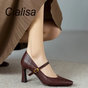 Винтажные женские туфли-лодочки Cialisa, Весна 2024, Новое поступление, квадратный носок, Коричневая натуральная кожа ручной работы, Высокие каблуки, Элегантные женские туфли