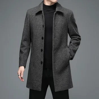 Высококачественные мужские зимние куртки и пальто Деловые Повседневные Шерстяные куртки, пальто, длинные пальто, мужские смеси шерсти с отложным воротником