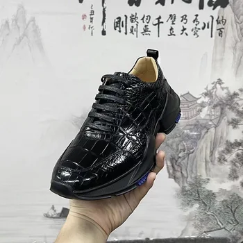 Высококачественные мужские повседневные черные кроссовки из натуральной экзотической крокодиловой кожи, мужская уличная обувь на шнуровке из натуральной кожи аллигатора