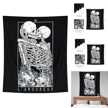 Гобелен с черепом, целующийся любовник, черно-белый скелет Таро, цветочный гобелен, настенное пляжное одеяло, романтический декор