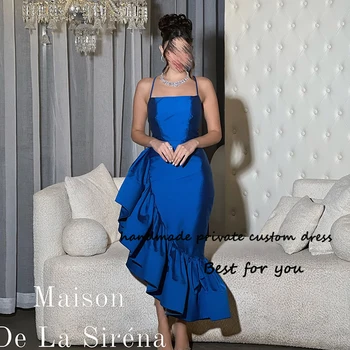 Голубые платья русалки для выпускного вечера для женщин на тонких бретельках без бретелек, атласное платье с рюшами в арабском стиле, вечернее платье в Дубае длиной до щиколоток