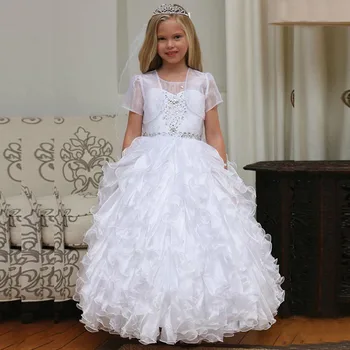 Горячая распродажа 2021 года, Белое бальное платье, платья принцессы с цветочным узором для девочек, платья для Святого Причастия из органзы с пышным низом, с жакетом