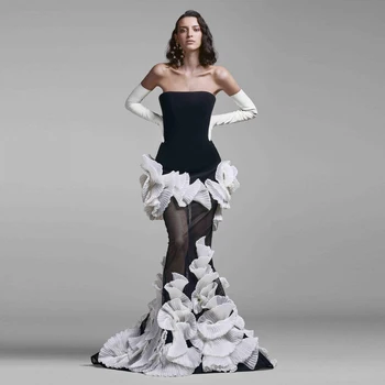 Готическое черно-белое платье русалки для выпускного вечера Без бретелек, плиссированные оборки, сетчатые вечерние платья vestidos para mujer elegantes На заказ