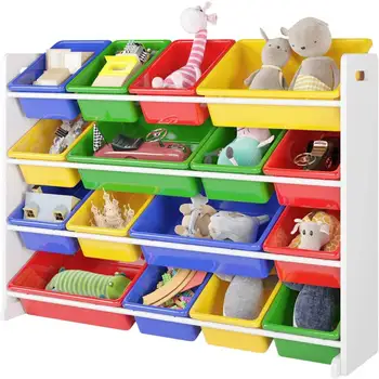 Деревянный органайзер для хранения детских игрушек с 16 пластиковыми ячейками, X-Large, зеленый / синий / красный / желтый