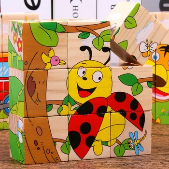 Детские деревянные конструкторы, детские шестигранные кубики, игра-головоломка, Животные, фрукты, движение, Познавательные развивающие игрушки для раннего обучения