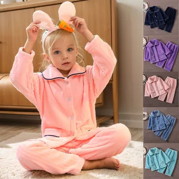 Детские фланелевые пижамные комплекты для мальчиков и девочек, осень-зима, плотная теплая однотонная домашняя одежда, детские комплекты одежды для сна с лацканами и длинными рукавами