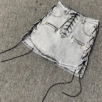 Джинсовая юбка на шнуровке, женская летняя новинка 2022 года, тонкая эластичная универсальная юбка трапециевидной формы с высокой талией и антибликовым покрытием