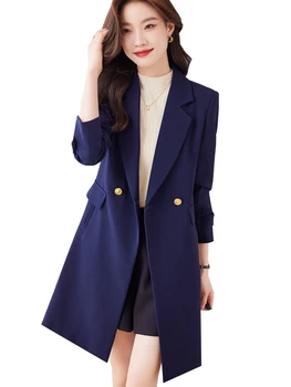 Женская деловая рабочая одежда, длинный формальный блейзер, женская красная, черная, синяя однотонная женская куртка, пальто на осень-зиму
