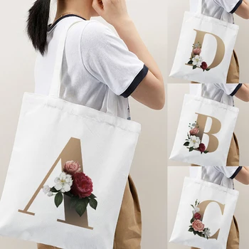Женская холщовая сумка с золотыми буквами и рисунком Модные сумки через плечо в стиле харадзюку, женская сумка для покупок, женская холщовая сумка