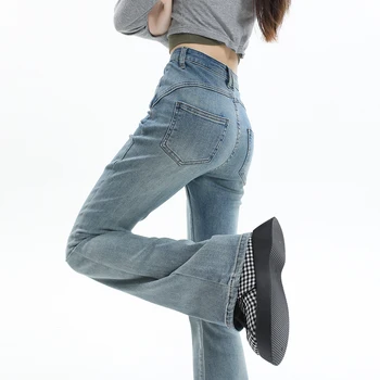 Женские джинсы, хлопковые джинсовые брюки-клеш, Эластичная сила, винтажная уличная одежда, узкие брюки Mom Harajuku с высокой талией
