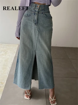 Женские длинные джинсовые юбки REALEFT с высокой талией 2023, Новые весенне-летние повседневные прямые джинсы с разрезом спереди, юбки с запахом, женские