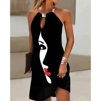 Женское платье-качели с рисунком на бретелях, летнее модное женское мини-платье трапециевидной формы без рукавов, повседневное черное платье, уличная одежда