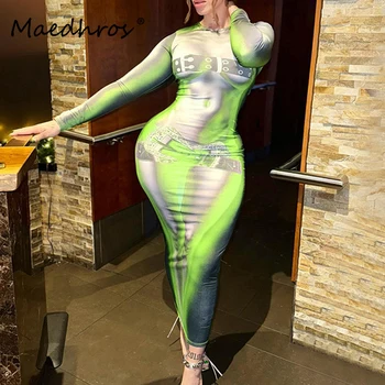 Женское Элегантное Сексуальное тонкое платье Макси с круглым вырезом и длинным рукавом, весенняя женская одежда для вечеринки по случаю дня рождения, праздничное платье Nigthclub