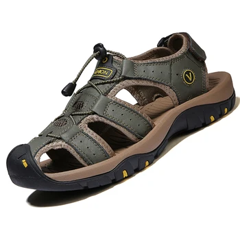 Кожаные сандалии для мужчин, летняя уличная пляжная обувь, повседневные походные мужские сандалии-сабо, Гладиаторские мужские тапочки на плоской подошве 2023