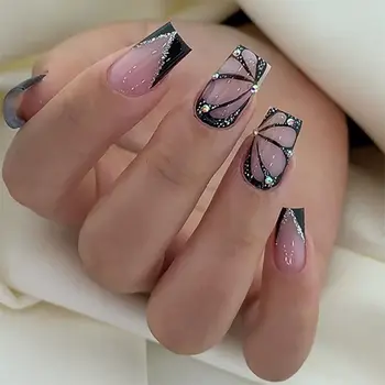 Короткие квадратные накладные ногти, модные французские черные крылья бабочки, типсы для ногтей, полное покрытие, съемный пресс для ногтей, сделай сам