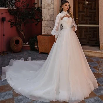 Кружевные свадебные платья с высоким воротом, длинные рукава, аппликации, винтажное свадебное платье принцессы, платье невесты, Robe de Mariée