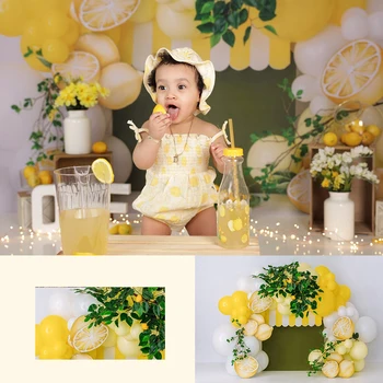 Летние Яркие фоны с лимонами Реквизит для портрета для фотосъемки малышей Фон для фотостудии с изображением торта на 1-й день рождения