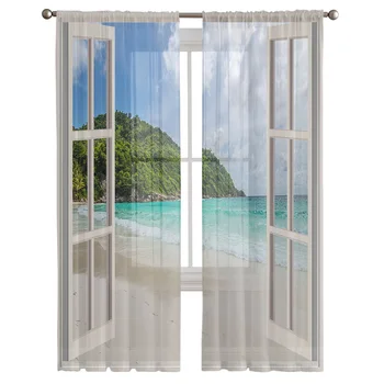 Летний пляж за окном, прозрачная занавеска для гостиной, спальни, Вуалевая драпировка, Тюлевые занавески на кухонном окне, предметы первой необходимости для дома