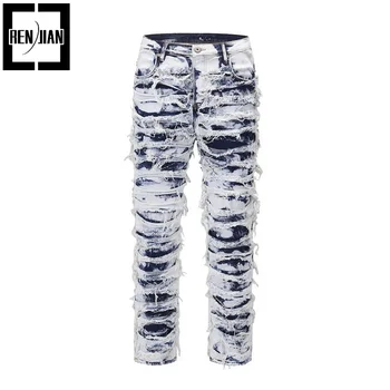 Модные джинсовые брюки с потертостями на Хай-стрит, индивидуальный дизайн, рваные джинсовые брюки, Выстиранная синяя уличная одежда, низ Y2K