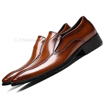 Мужская обувь с острым носком в итальянском стиле, натуральная коровья кожа, высококачественные черно-коричневые вечерние модельные туфли, Лоферы, деловые свадебные туфли