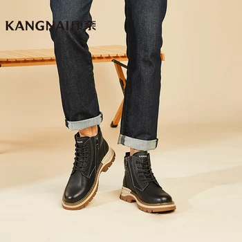 Мужские ботинки Kangnai из спилка, ботильоны на шнуровке с круглым носком, туфли на плоской платформе, уличная мужская осенняя обувь с высоким берцем
