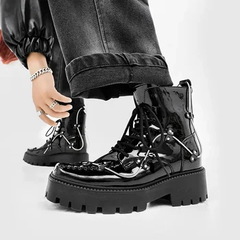 Мужские ботинки в уличном стиле, Модные повседневные кроссовки с высоким берцем, мужские черные Ботинки Челси на платформе на шнуровке, Chaussure Homme