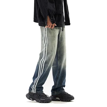Мужские джинсы с градиентным денимом, свободные повседневные винтажные джинсы в боковую полоску, мужская уличная одежда в стиле хип-хоп бойфренда, джинсы большого размера, брюки, брюки