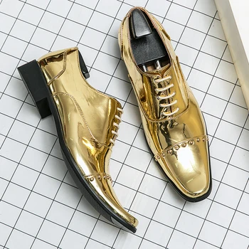 Мужские золотые Роскошные деловые туфли-оксфорды, мужские официальные туфли из лакированной кожи, увеличивающие рост, большие размеры, мужские офисные Свадебные туфли на высоких каблуках
