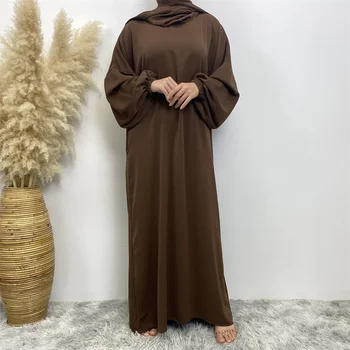 Мусульманское платье Femme Musulman с эластичными манжетами, Однотонные женские абайи с карманами, Кафтан, Женское платье Dubai Abaya с длинным рукавом, Vestidos