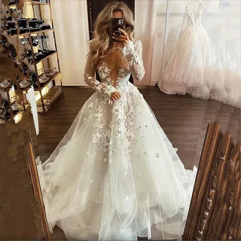 Новое сексуальное и элегантное женское свадебное платье с глубоким V-образным вырезом и длинным рукавом с 3D цветочной деколью, роскошное платье A Line Beach Garden, плюс размер