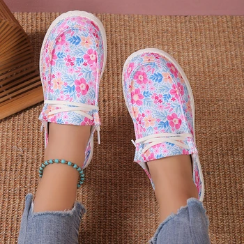 Новые женские туфли с розовыми цветами на плоской подошве Из мягких тканей, вентилирующие лоферы на шнуровке для отдыха, модные туфли на плоской подошве